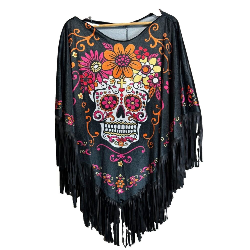 Unbranded Women's One Size Day of the Dead Sugar Skull Fringed Poncho Black